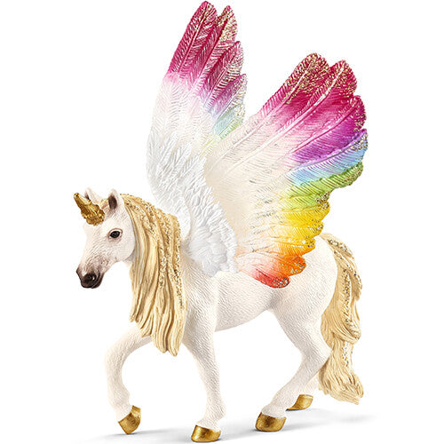 Schleich plastic dierenfiguur van een witte gevleugelde regenboogeenhoorn met gouden hoorn en manen.