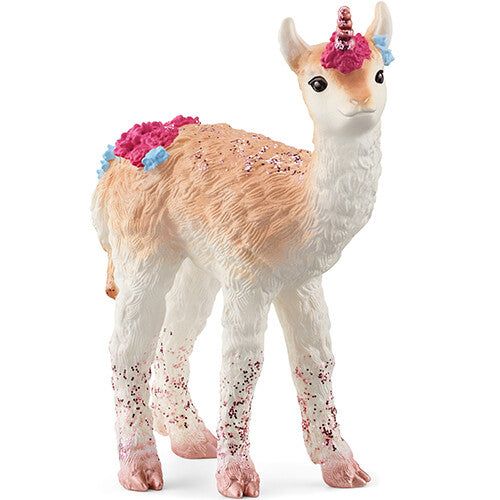 Schleich Bayala lama-eenhoorn dierenfiguurtje met glitters en bloemen.