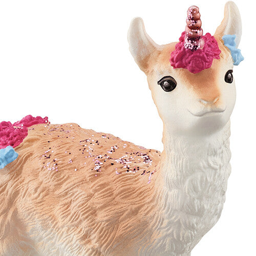 Detail van de kop en rug van het Schleich Bayala lama-eenhoorn dierenfiguurtje met hoorn en bloemen.