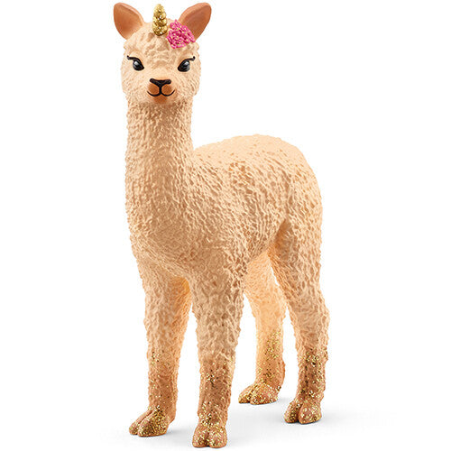 Schleich lama-eenhoorn veulen speelgoedfiguur met gouden hoorn en roze bloem op het hoofd.
