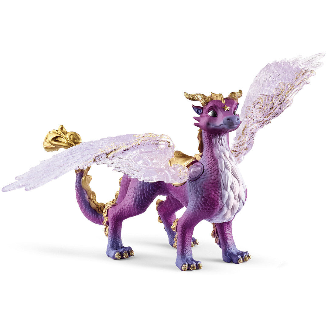 Schleich bayala sterrenhemel draak speelgoedfiguur van paars plastic met uitgespreide glittervleugels.