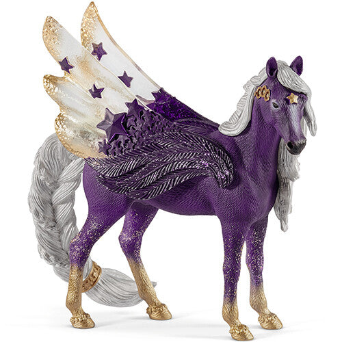 Schleich Bayala sterrenpegasus speelgoedfiguur met paarse vacht, zilveren manen en staart, en vleugels met sterren.