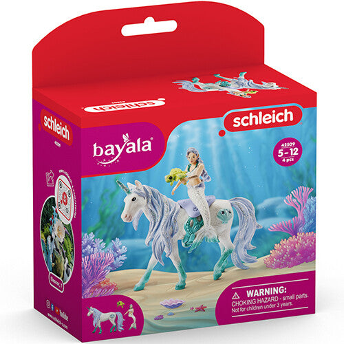 De verpakking van de Schleich Bayala zee eenhoorn met zeemeermin speelset.