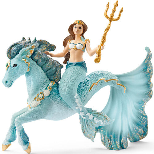 Schleich Bayala speelgoedfiguur van zeemeermin Eyela met een onderwaterpaard en gouden drietand.