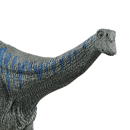 Detailopname van de kop en nek van de Schleich Brontosaurus speelgoedfiguur.