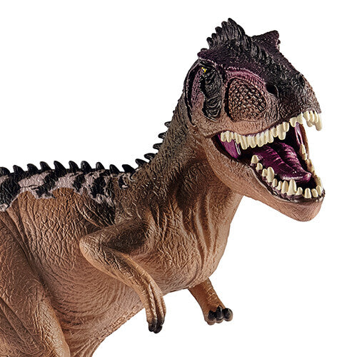 Detailfoto van de kop van de Schleich Giganotosaurus dinosaurus speelfiguur met open bek.