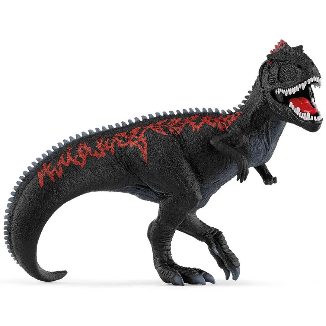 Schleich Giganotosaurus dinosaurusfiguur in zwart met rode markeringen.