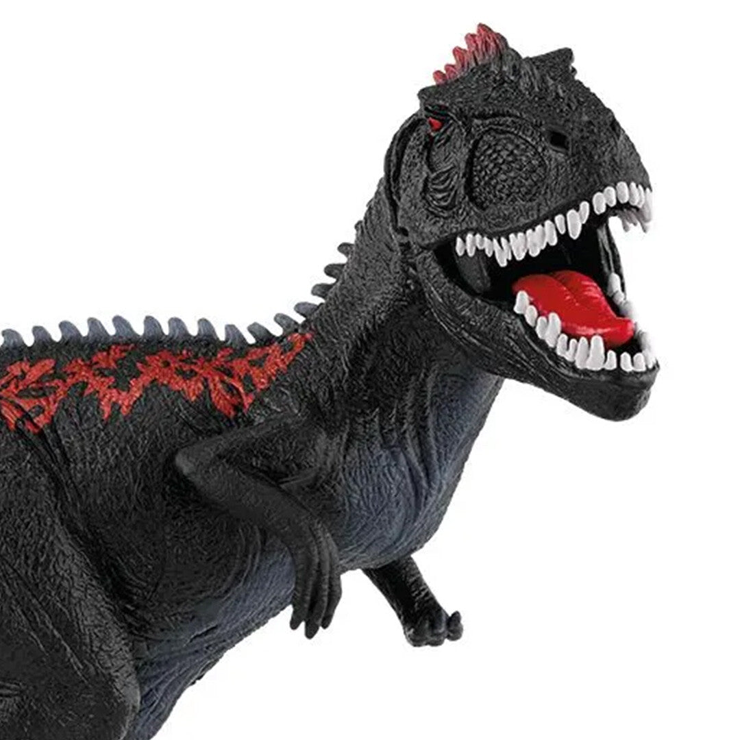 Detailopname van de kop van de Schleich Giganotosaurus dinosaurusfiguur met open bek.