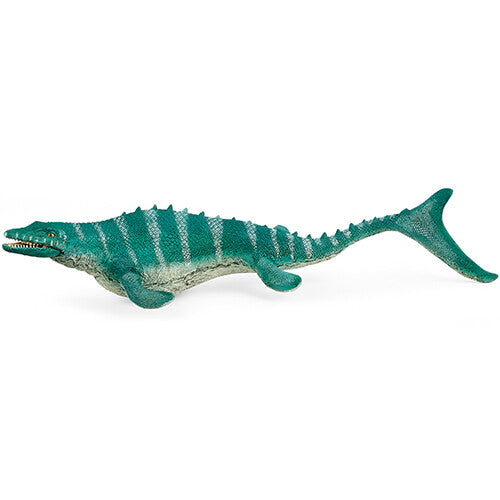 Schleich Mosasaurus dinosaurusfiguur, groen met lichte strepen, schuin gefotografeerd.