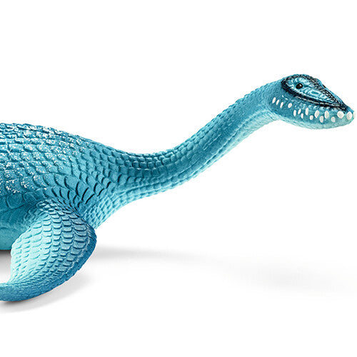Detailopname van de kop en nek van het Schleich blauwe plastic Plesiosaurus dinosaurus dierenfiguurtje.
