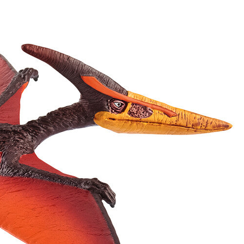 Detailopname van de kop van het Schleich Pteranodon dinosaurus dierenfiguurtje.