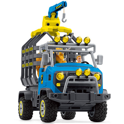 Schleich blauwe transporttruck met kooi, gele kraan en figuur achter het stuur.
