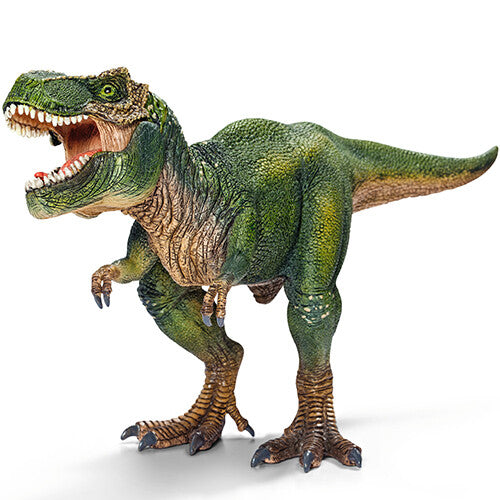 Schleich Tyrannosaurus Rex dinosaurus dierenfiguurtje in groen plastic met open bek.
