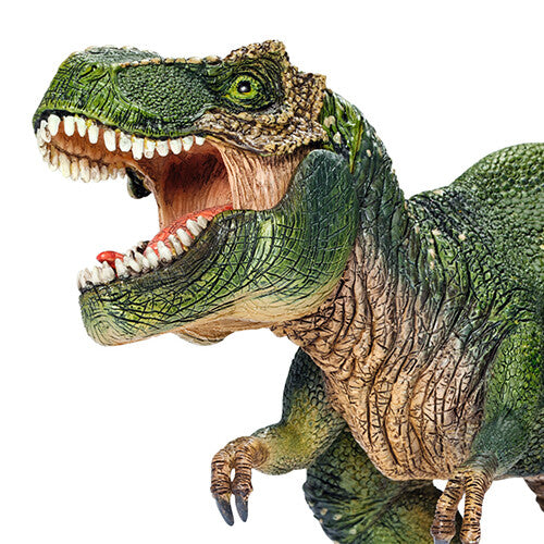 Detailopname van de kop van het Schleich Tyrannosaurus Rex dinosaurusfiguurtje met open bek en tanden.