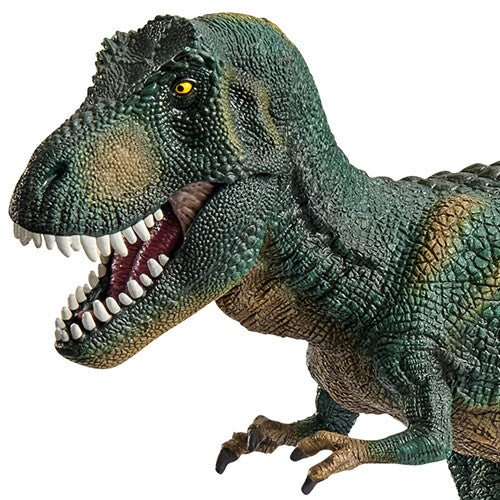 Detailopname van de kop van het Schleich Tyrannosaurus Rex dierenfiguurtje met open bek.