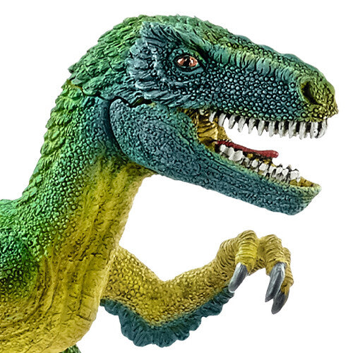 Detailopname van de kop en klauwen van het Schleich Velociraptor dinosaurusfiguur.