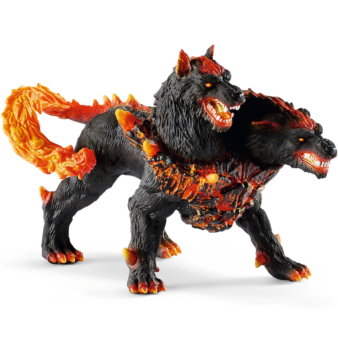 Schleich Eldrador Creatures hellehond actiefiguur met twee koppen en vlammende details.