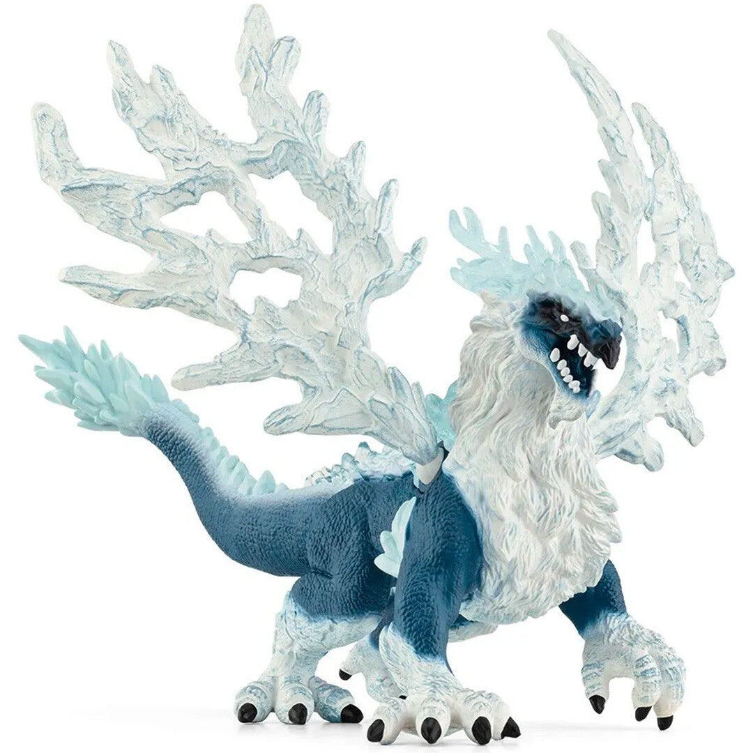Schleich Eldrador Creatures ijsdraak speelgoedfiguur met ijzige vleugels, schuin van voren gefotografeerd.