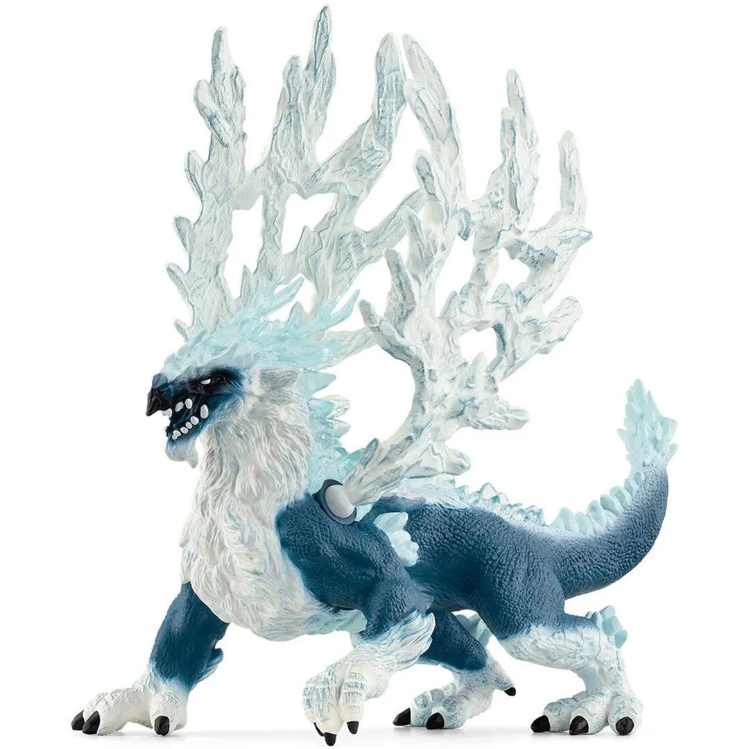 Schleich Eldrador Creatures ijsdraak speelgoedfiguur met ijzige vleugels, van de zijkant gefotografeerd.