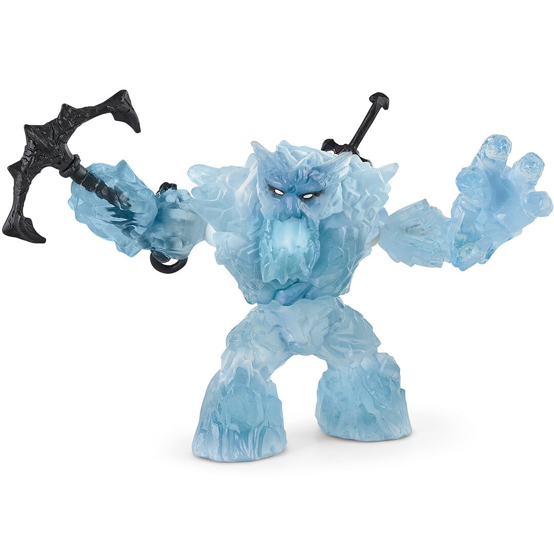 Schleich Eldrador Creatures ijsgigant actiefiguur met een pickaxe in de hand en een zwaard op de rug.