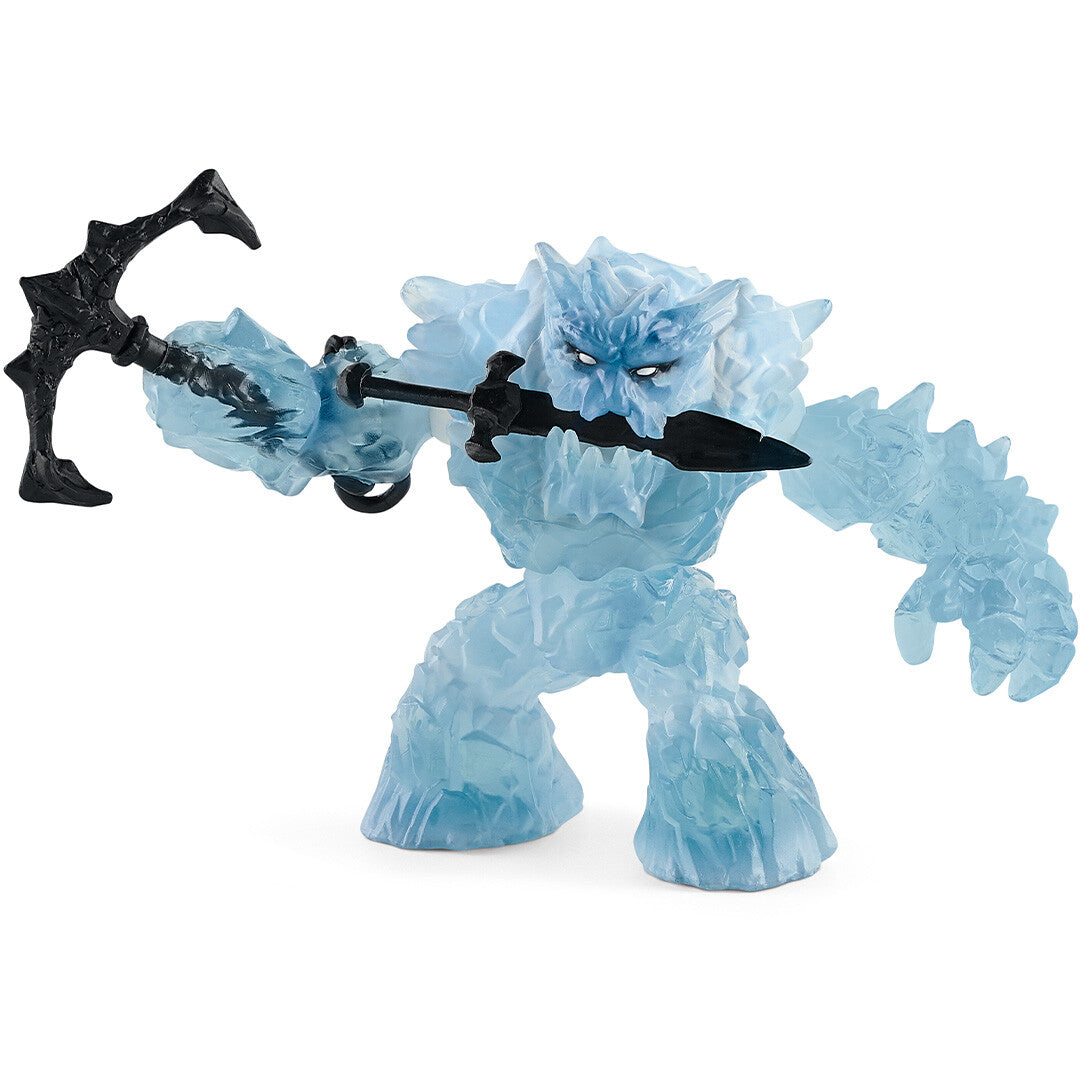 Schleich Eldrador Creatures ijsgigant actiefiguur die een zwarte pickaxe voor zich uit houdt.