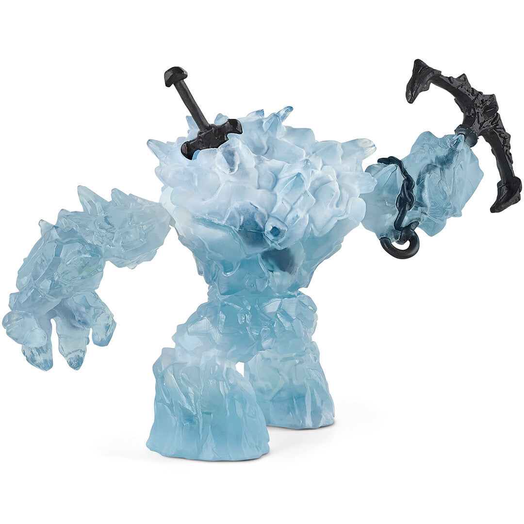 Achteraanzicht van de Schleich Eldrador Creatures ijsgigant actiefiguur met een zwaard op de rug en een pickaxe in de hand.