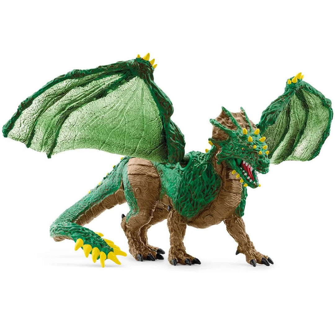 Schleich Eldrador Creatures jungledraak speelgoedfiguur met groene en bruine camouflage en uitgespreide vleugels.