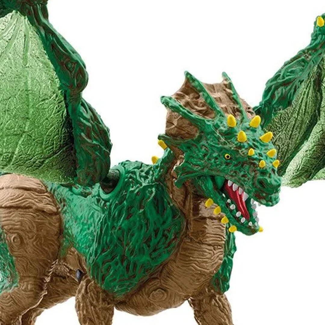 Detailopname van de kop en bovenkant van de Schleich Eldrador Creatures jungledraak speelgoedfiguur met open bek en groene vleugels.