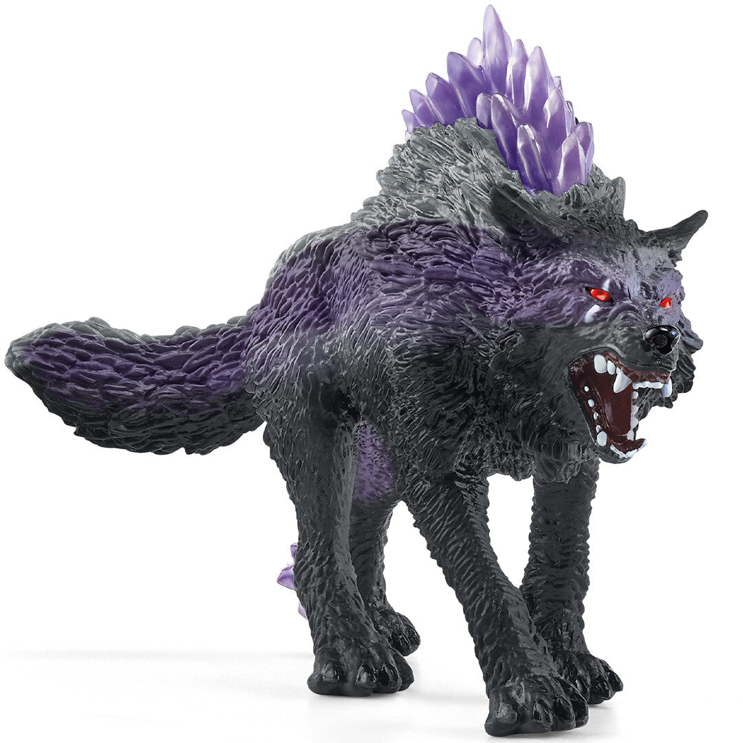 Schleich Eldrador Creatures schaduwwolf dierenfiguurtje met paarse kristallen op de rug, schuin van voren gefotografeerd.