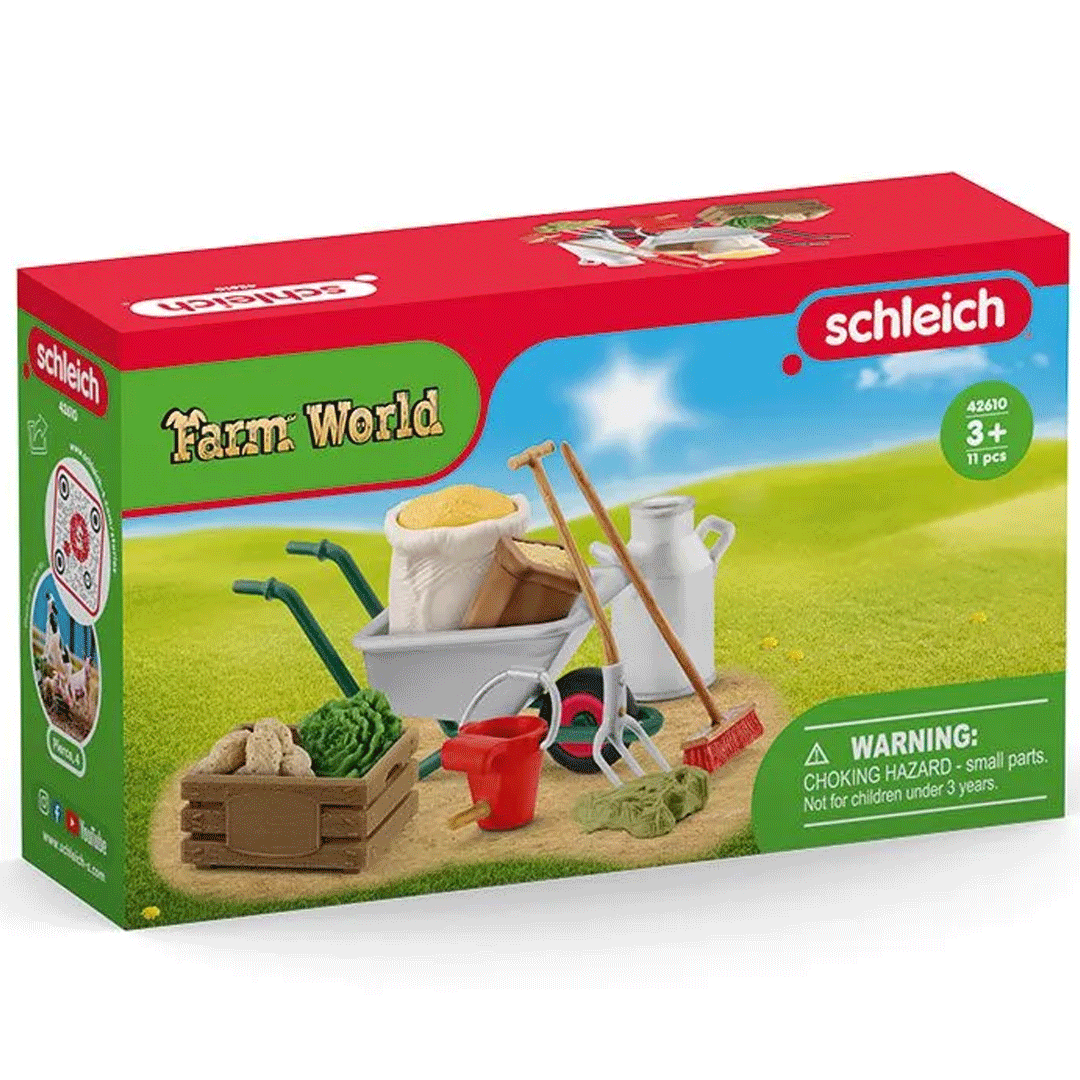 De rode verpakking van de Schleich Farm World boerderij speelgoed accessoires set.