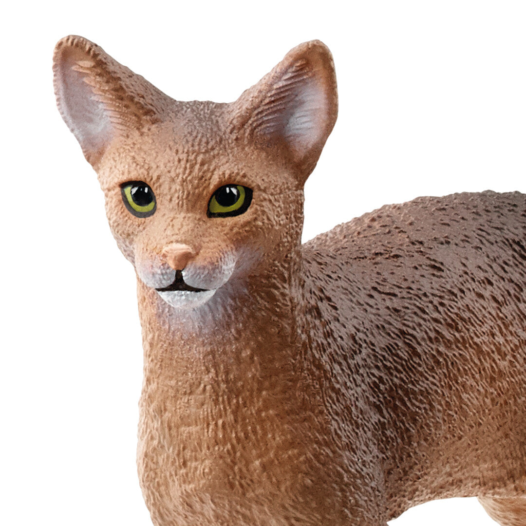Detailopname van de kop van het Schleich Abessijn kattenfiguurtje met groene ogen.