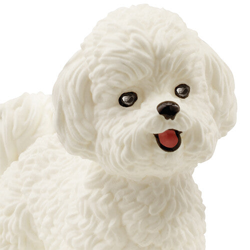Detailopname van het gezicht van het witte Bichon Frisé dierenfiguurtje.