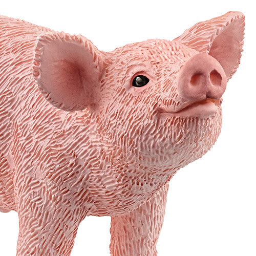 Detailopname van de kop en voorpoten van het Schleich roze varken.