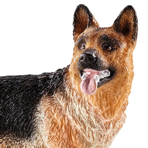 Detailfoto van de kop en voorpoten van het Schleich dierenfiguur van een Duitse herder.