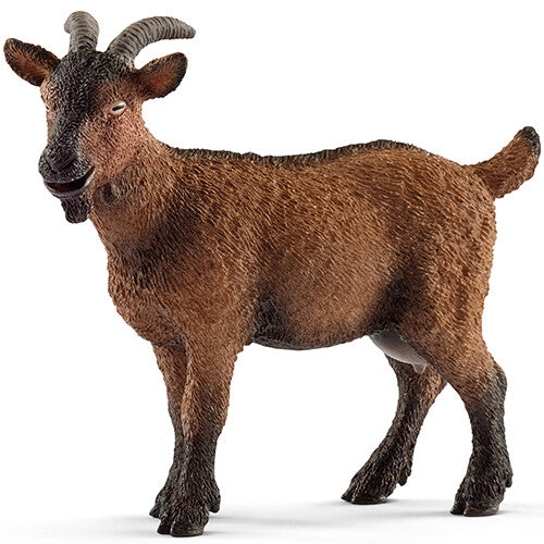 Schleich dierenfiguurtje van een bruine geit, staand en van de zijkant gezien.
