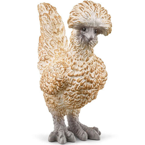 Schleich dierenfiguurtje van een lichtbruine kip met pluizige kop.