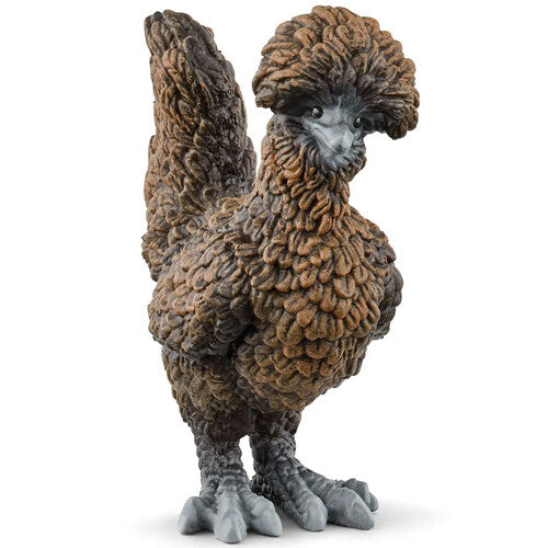 Schleich dierenfiguurtje van een donkerbruine kip met pluizige kop.