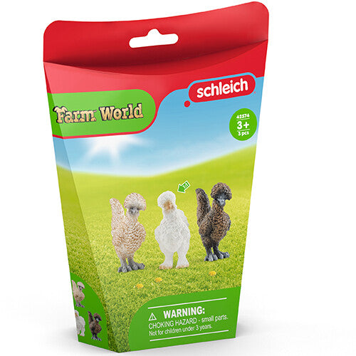De verpakking van de schleich Farm World kippenvrienden set met drie dierenfiguurtjes.