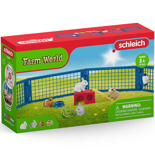 De verpakking van de Schleich Farm World konijnen en cavia verblijf speelset.