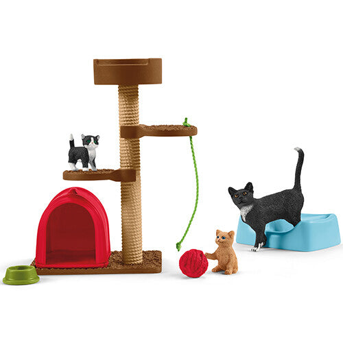 Schleich farm world poezen speelset met krabpaal, kattenfiguren, kattenmand en voerbakjes.