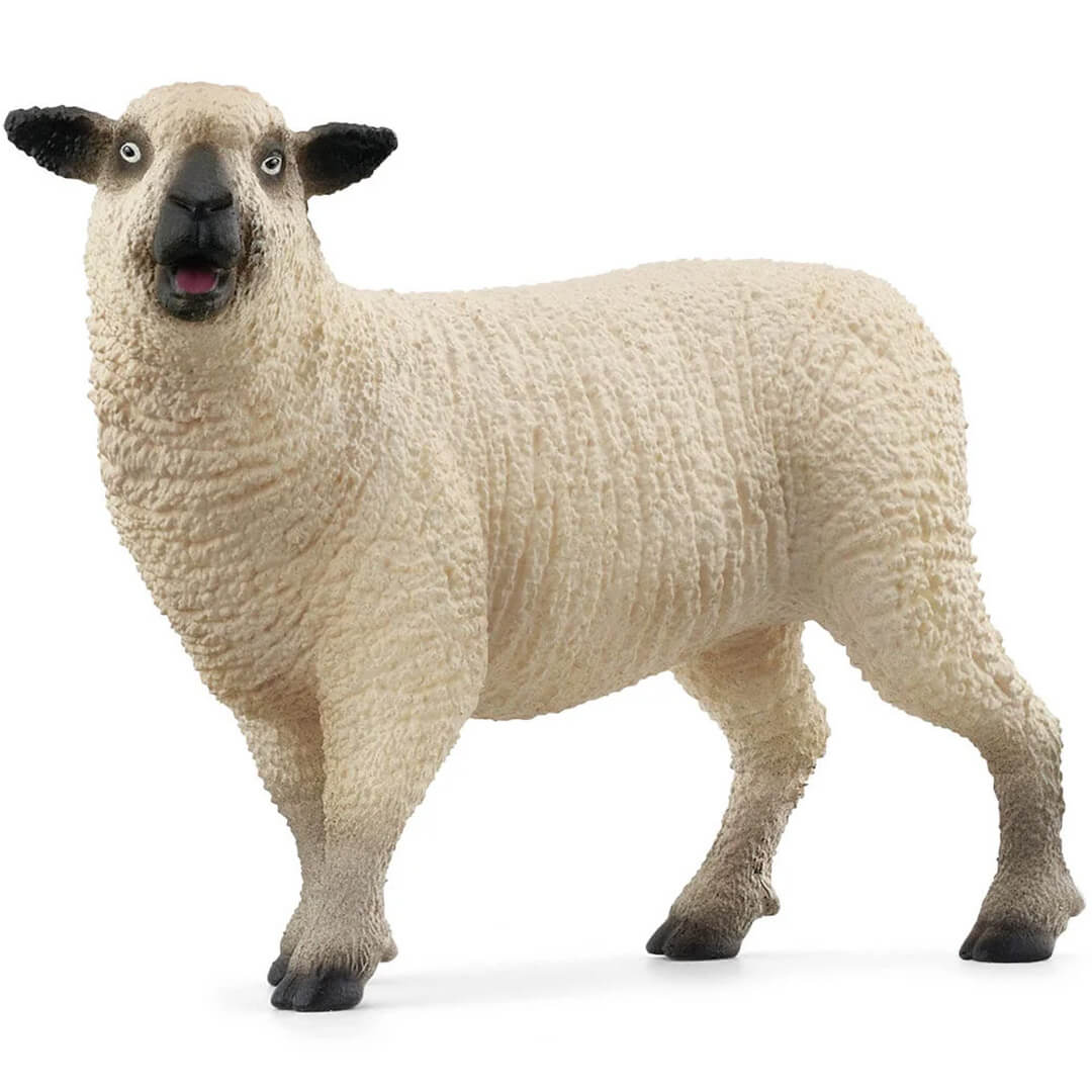 Schleich dierenfiguurtje van een wit schaap met open mond.
