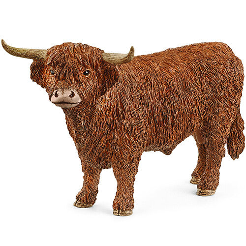 Schleich dierenfiguurtje van een bruine Schotse Hooglander stier.