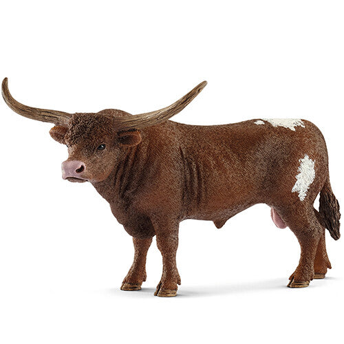 Schleich dierenfiguurtje van een bruine Texas Longhorn stier met grote hoorns en witte vlekken.
