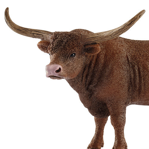Detailopname van de kop en hoorns van het Schleich Texas Longhorn stier dierenfiguurtje.