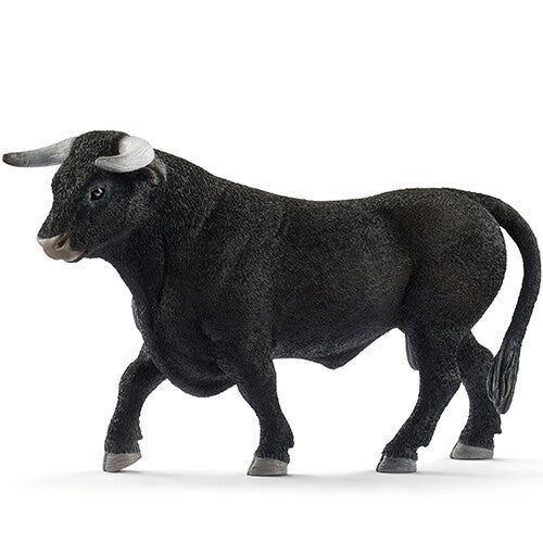 Schleich dierenfiguurtje van een zwarte stier met grijze hoorns.