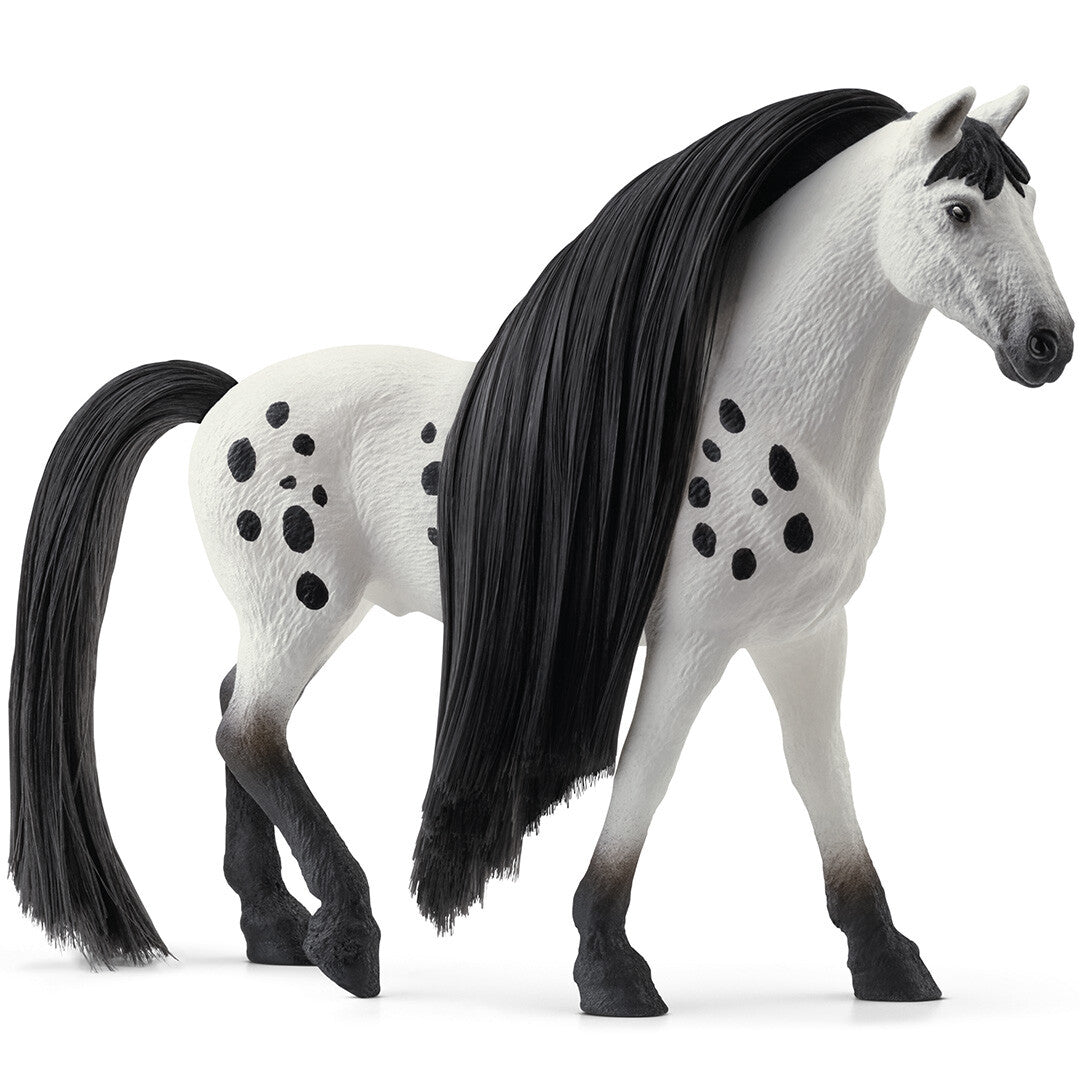 schleich Knabstrupper hengst speelgoedfiguur met lange zwarte manen en staart, staand op een witte achtergrond.