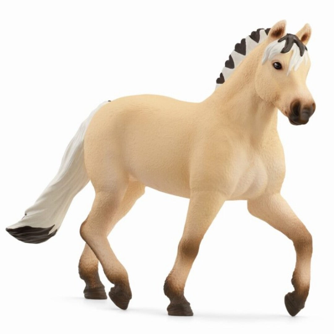 Schleich Fjord merrie speelgoedfiguur, een beige paard met zwart-witte manen, staand.