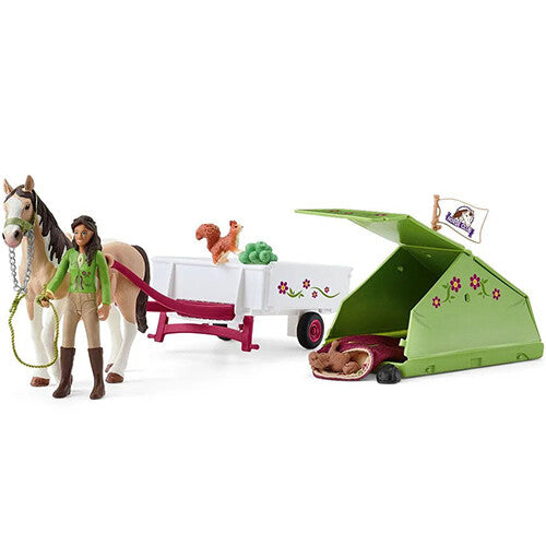 Schleich Horse Club kampeerspeelset met paard, meisje, kar en groene tent.