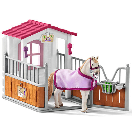 Schleich paardenbox speelset met wit paard met roze deken en voerbak.