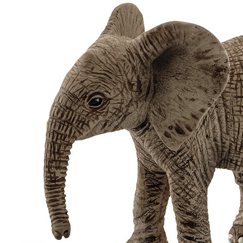 Detailfoto van de kop en slurf van het Schleich dierenfiguurtje van een Afrikaans olifantenjong.